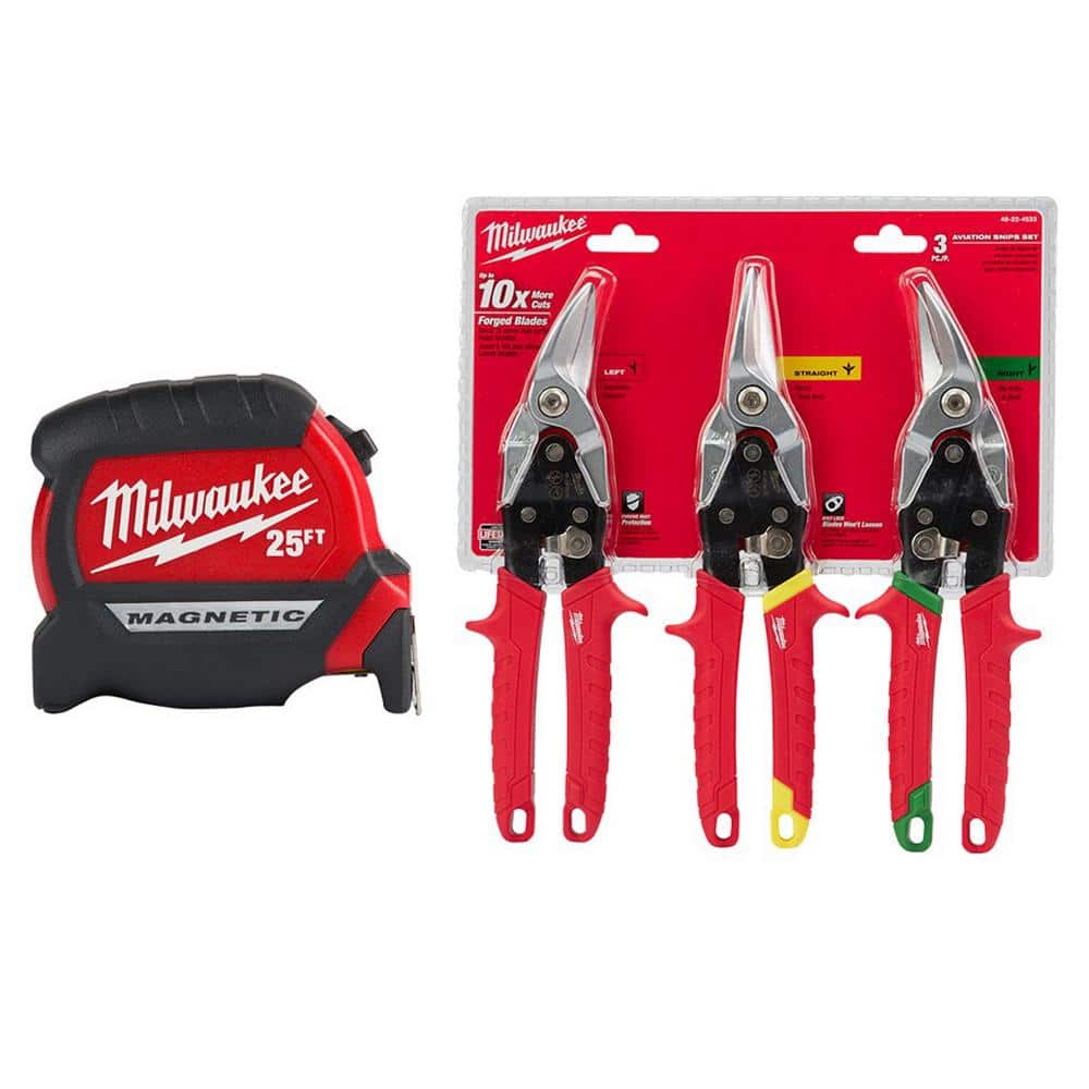 Milwaukee 25 ft. x in. Compact Magnetic Tape Measure with Left, Right,  and Straight Aviation Snips 48-22-0325-48-22-4533 The Home Depot