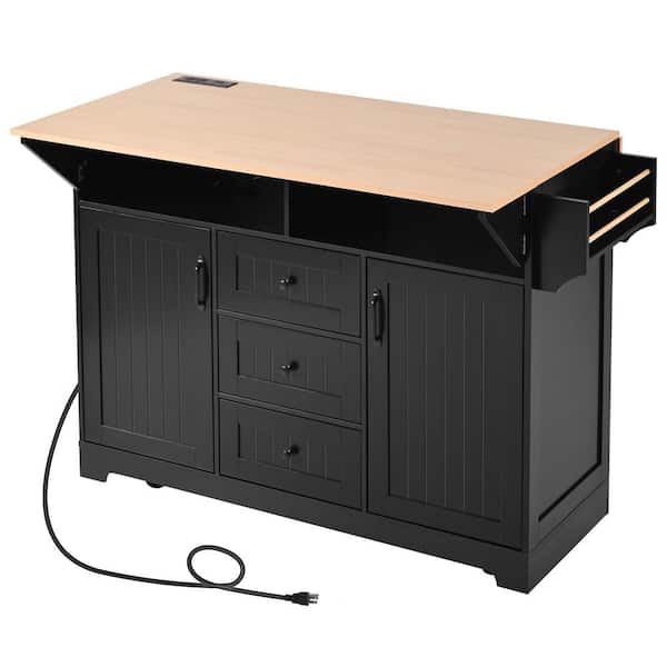 Black Wood 55 in. Kitchen Island with 2 Drop Leaf, 2-Power Outlet and Folding Storage Dining Table for Kitchen Room