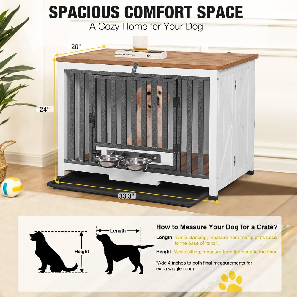 White and Black Wooden Dog Crate with Iron Frame and Feeder