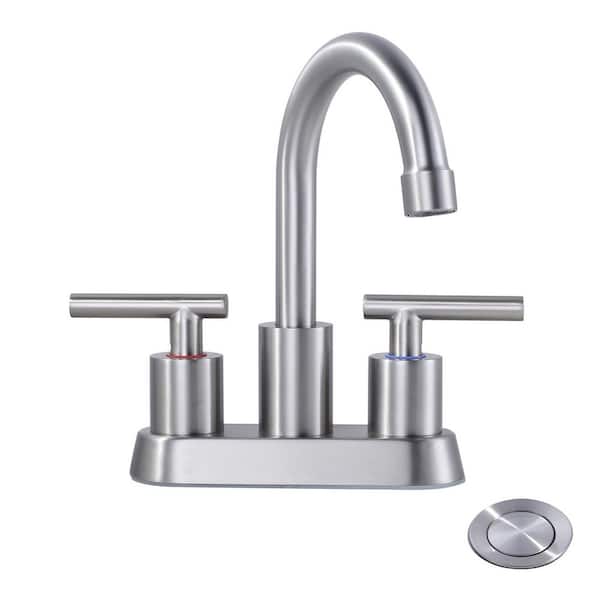 4 in. Centerset Double Handle High Arc Bathroom Faucet with Drain Kit Included in Brushed Nickel
