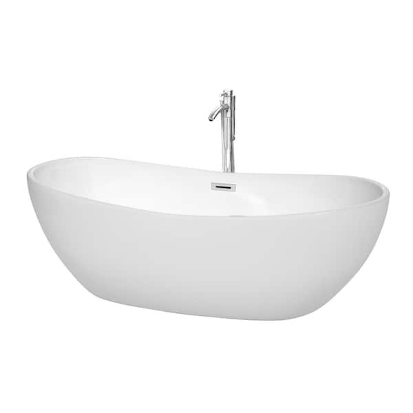 Wyndham Collection Rebecca 69.6 in. Acrylic Flatbottom Non-Whirlpool Bathtub in White with Polished Chrome Trim and Faucet