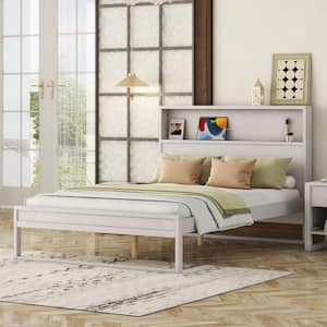 Antique White Wood Frame Full Size Platform Bed with Storage Headboard, Sockets and USB Ports