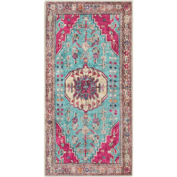 Well Woven Lotus Shasta Blush Turquoise Vintage Bohemian Medallion 2 ft. x 3 ft. 11 in. Machine Washable Accent Rug