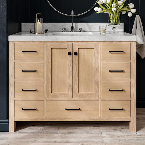 Cambridge 48 in. W x 22 in. D x 36.5 in. H Single Freestanding Bath Vanity in Oak with Italian Carrara Marble Top