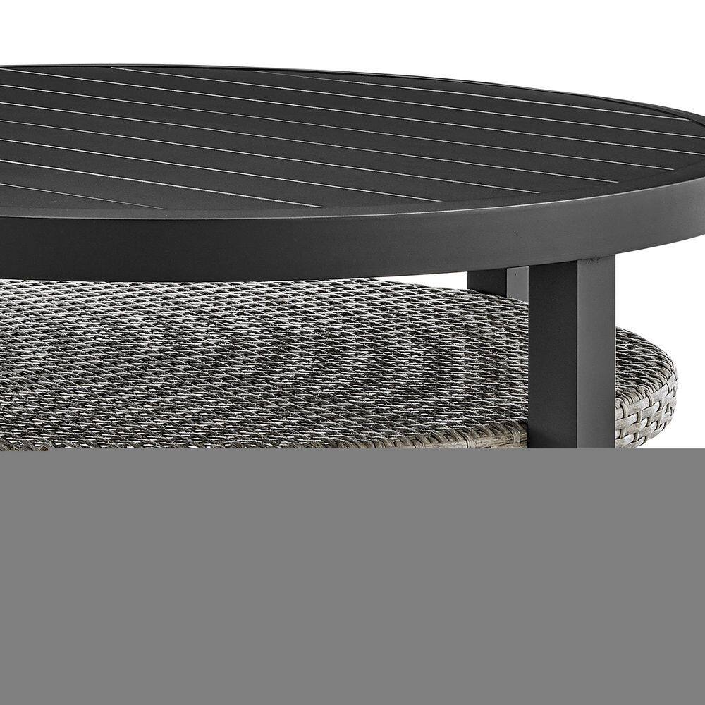 Aileen Black Aluminum Round Outdoor Coffee Table with Grey Wicker Shelf