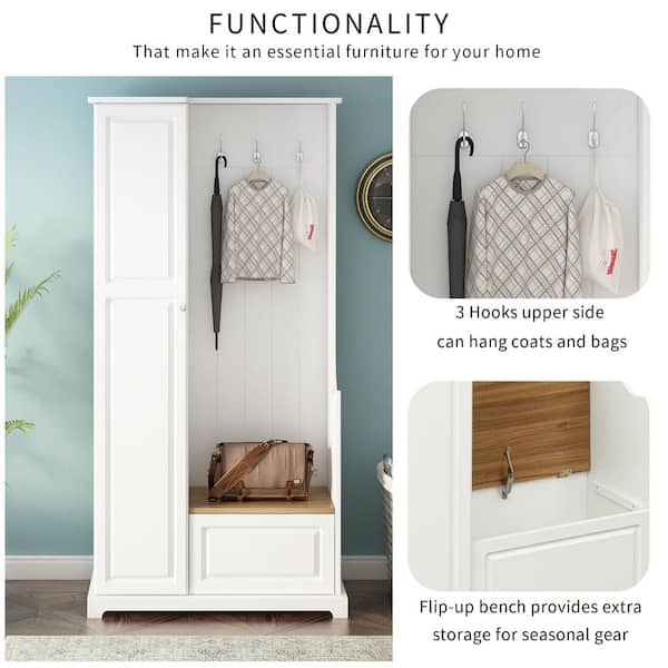 White Entryway Hall Tree with Flip-Up Bench and Storage Cabinet