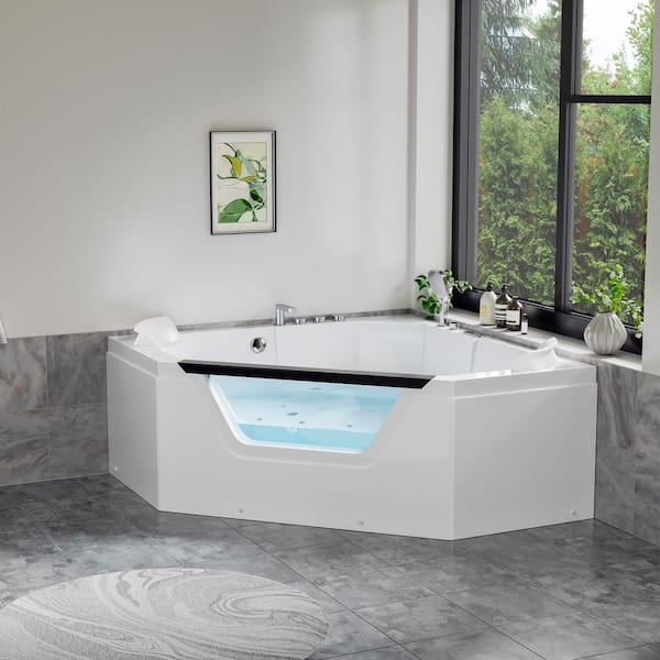 59 in. x 59 in. Alcove Whirlpool Air Combination Bathtub Acrylic Corner Thermostatic Bath Tub with Left Drain in White