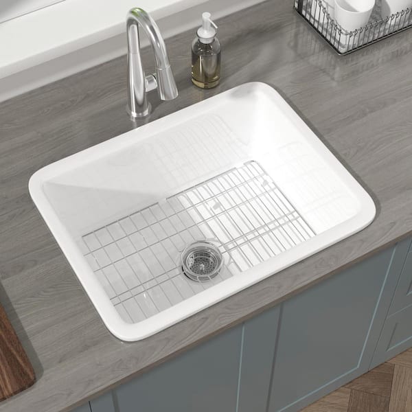 HOMLYLINK White Fireclay Kitchen Sink 24 In Drop In Undermount Dual   White Drop In Kitchen Sinks Em Dmxx19ks24w 64 600 