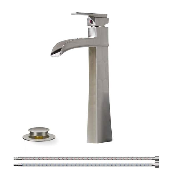 Forious pro Waterfall Single Handle Bathroom Faucet with Metal Pop-Up Drain in Brushed Nickel