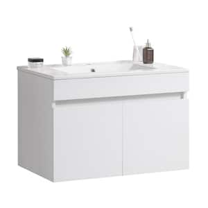 30 in. W Floating Single Sink Bath Vanity in White with White Ceramic Basin Top, Soft Close Cabinet Doors