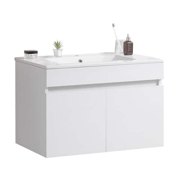 Aoibox 30 in. W Floating Single Sink Bath Vanity in White with White Ceramic Basin Top, Soft Close Cabinet Doors