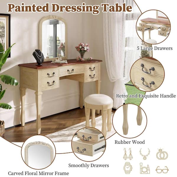 cream dressing table with drawers solid wood dressing table and cabinet integrated master bedroom French cream style retractable dressing table White dressing table 39.3x15.7x23.7 inch