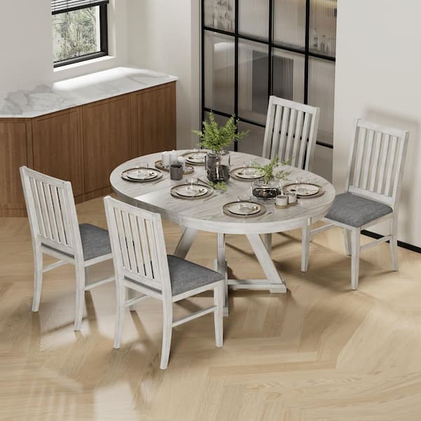 Extendable Round to Oval Dining Table Set with Cushioned Chairs, 5-Piece Solid Wood Kitchen Set Dining Set for 4 in Gray