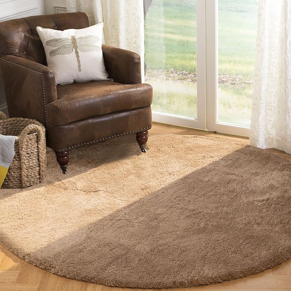 GHDG Solid Shag Brown 5 ft. Plush Soft Round Rug Area Rug