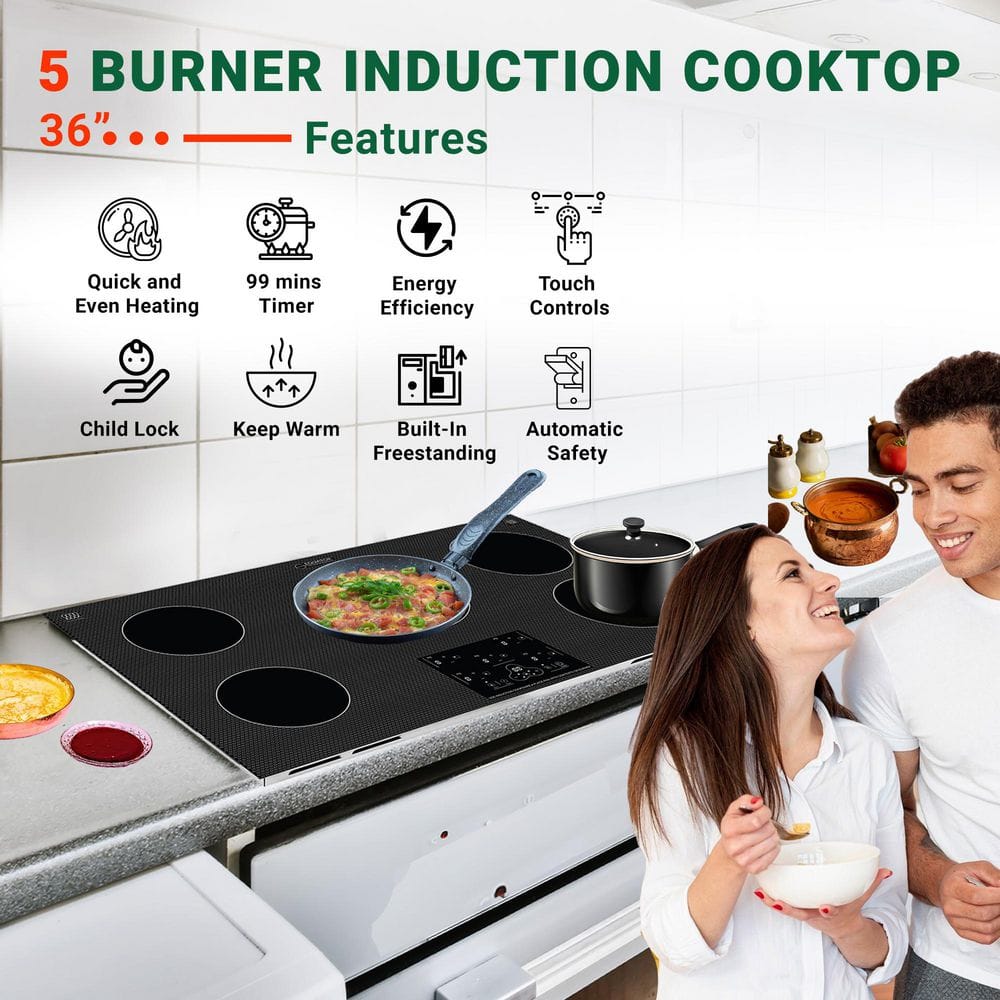36" Black Ceramic 5-Burner Induction Cooktop with Touch Control