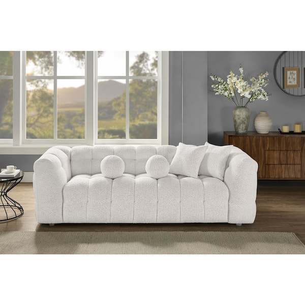Nate 34 in W. Straight Arm Boucle Fabric Upholstery Rectangle Sofa in Cream Color