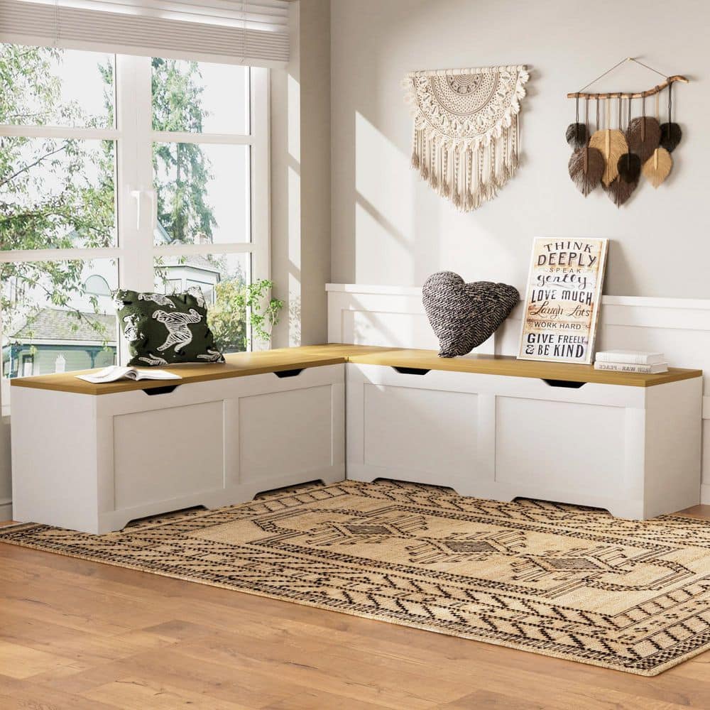家具 cabinet bench Noble House Jasper 63 in. White and Natural Particle Board L