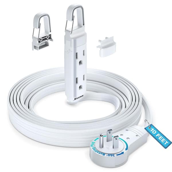 MAXIMM 10 ft. 16/3 Light Duty Indoor Extension Cord with 360° Rotating Flat Plug 3-Outlet with Hook, White