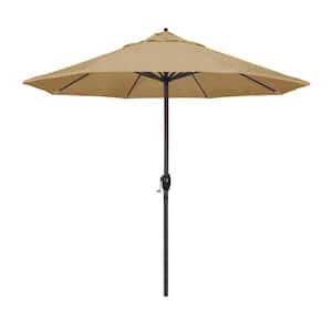 9 ft. Bronze Aluminum Pole Market Aluminum Ribs Auto Tilt Crank Lift Patio Umbrella in Linen Sesame Sunbrella