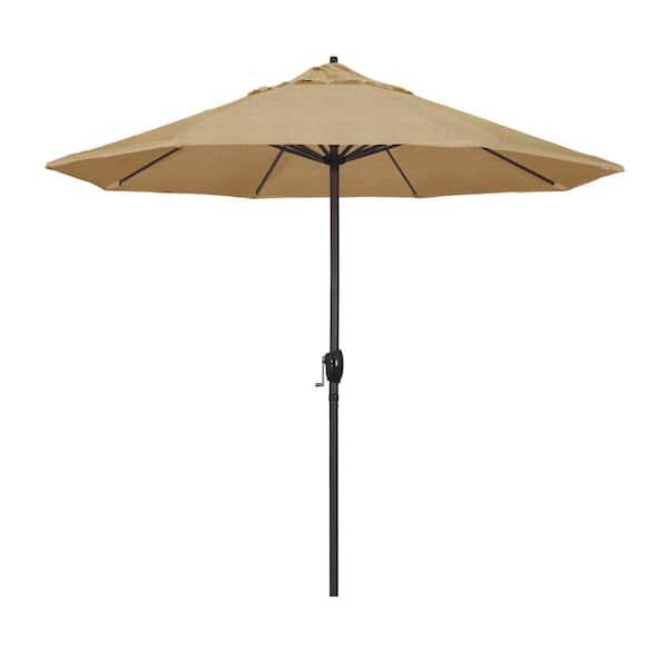California Umbrella 9 ft. Bronze Aluminum Pole Market Aluminum Ribs Auto Tilt Crank Lift Patio Umbrella in Linen Sesame Sunbrella
