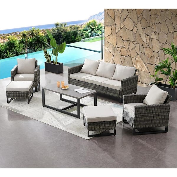 Gymojoy Valente Gray 6-Piece Wicker Patio Conversation Set with Cushion Guard Beige Cushion