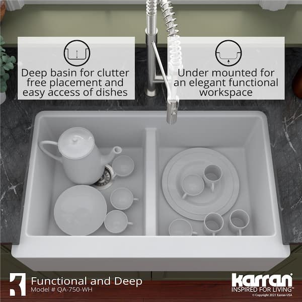 Karran Retrofit Farmhouse Apron Front Quartz Composite 34 in. Double Bowl Kitchen  Sink in Grey QAR-750-GR - The Home Depot