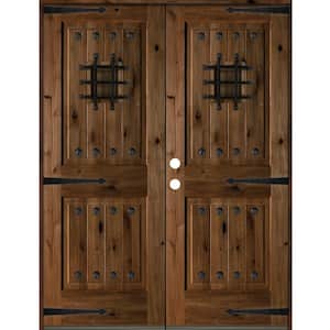 60 in. x 80 in. Mediterranean Knotty Alder Square Top with Provincial Stain Right-Hand Wood Double Prehung Front Door