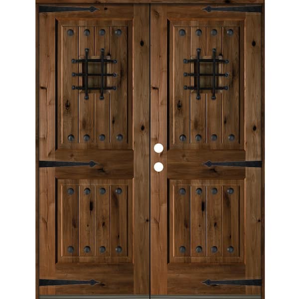 Krosswood Doors 60 in. x 80 in. Mediterranean Knotty Alder Square Top with Provincial Stain Right-Hand Wood Double Prehung Front Door