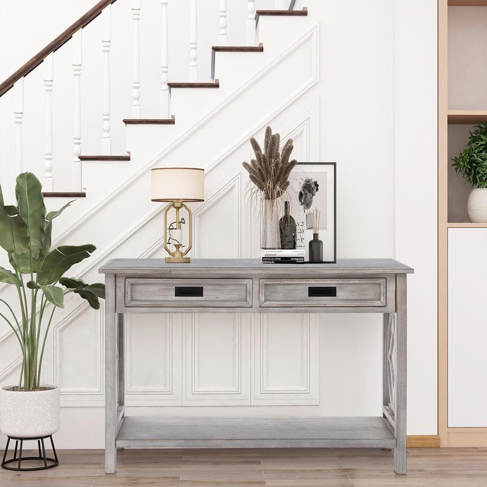 Gray Wood Console Table with Storage and Shelf