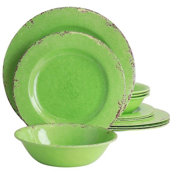 California Designs Mauna 12 Piece Service For 4 Melamine Dinnerware Set in Crackle Green