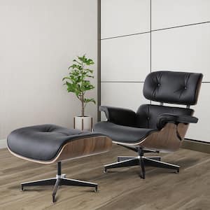 Black Faux Leather Swivel Lounge Chair and Ottoman
