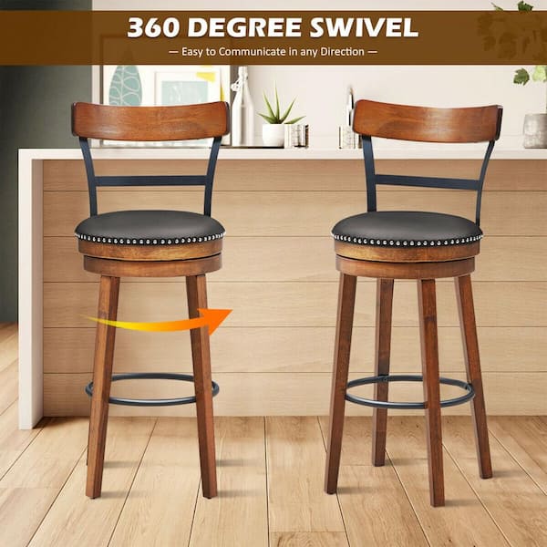 Set of 2 Counter Height Barstool Leather Swivel Table Dining Chair Grid Seat Gas 