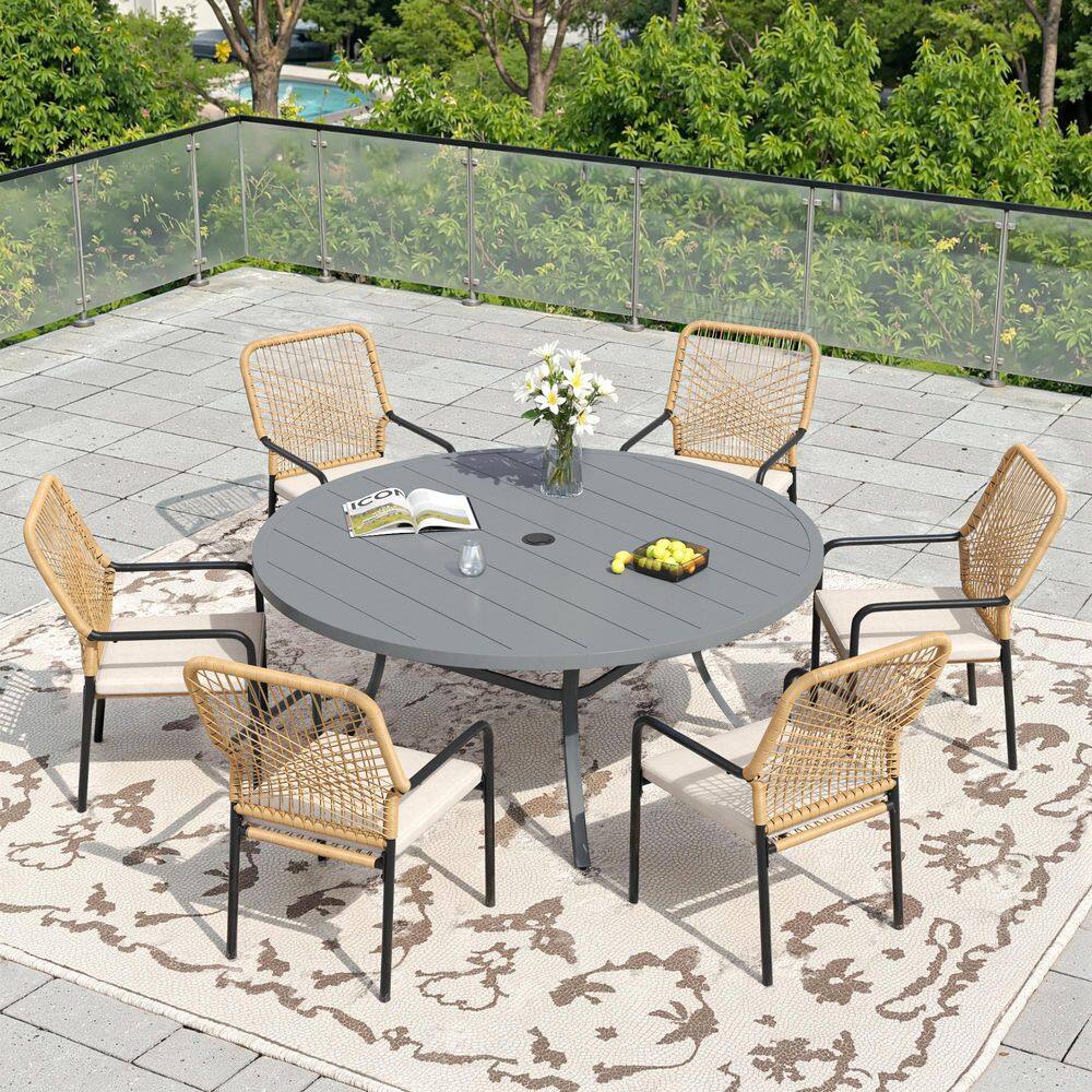 7-Piece Metal Outdoor Patio Dining Set with 50 in. Gray Round Table and 6 Woven Rattan Chairs with Beige Cushions price history on PriceWatchPro