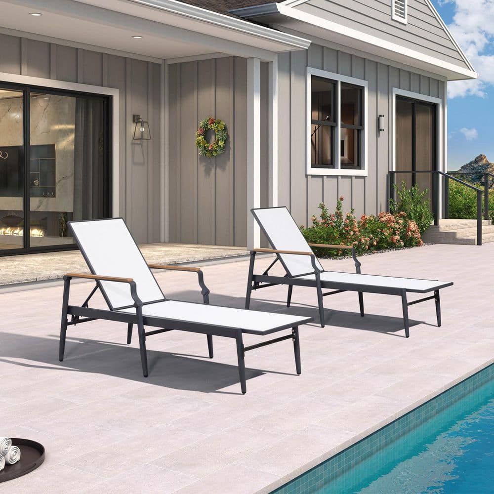 Outdoor Lounge Chaise Patio Pool Lounger Aluminum Chairs with Wooden Armrest for Outside Backyard, White price history on PriceWatchPro
