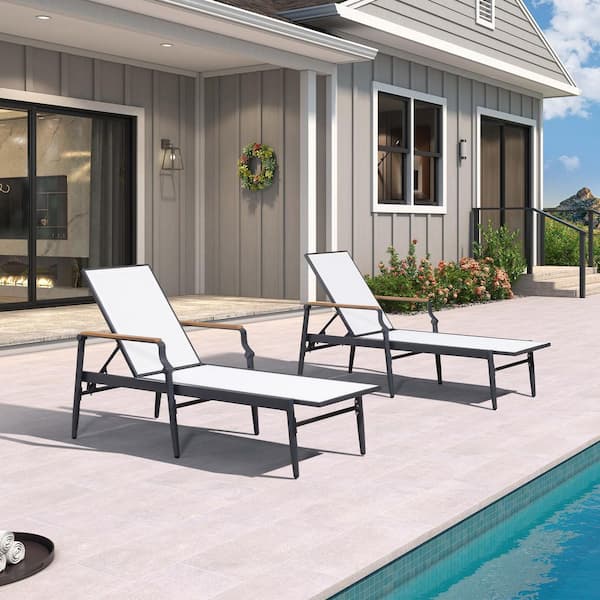 PURPLE LEAF Outdoor Lounge Chaise Patio Pool Lounger Aluminum Chairs with Wooden Armrest for Outside Backyard, White