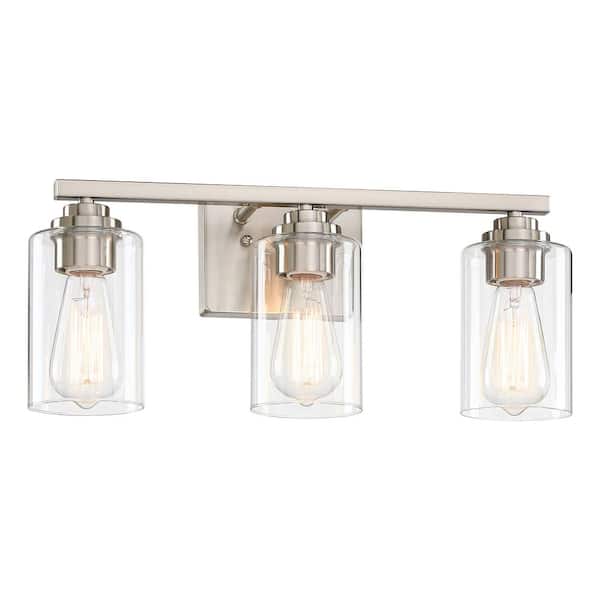Modern 19.3 in. 3 Light Brushed Nickel Bathroom Vanity Light with Clear Glass Shade Wall Sconce for Mirror
