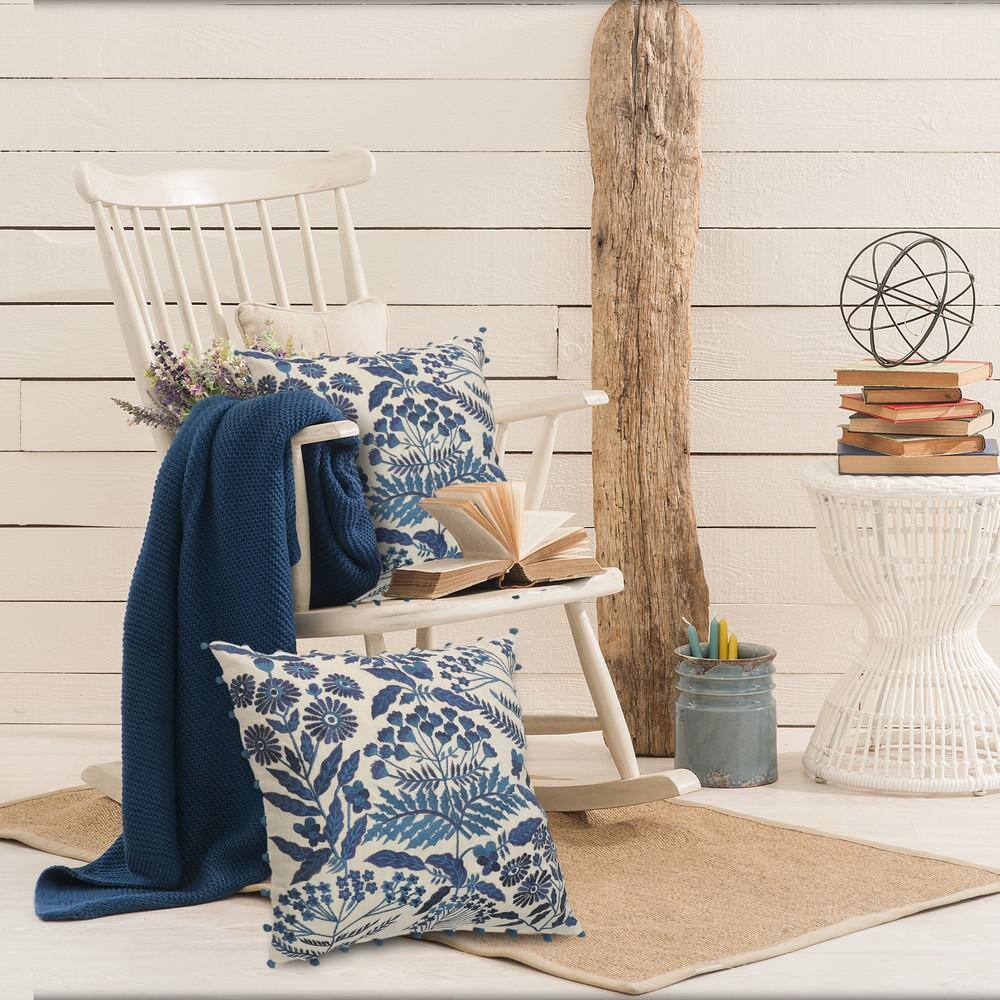 Navy and Off-White Bohemian Floral Square Throw Pillow