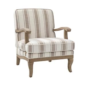 Quentin Farmhouse Style Wooden Upholstered Tan Arm Chair with Graceful Feet Curves and Comfortable Cushion