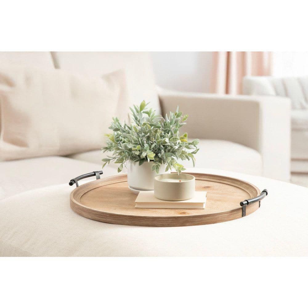 Bruillet Rustic Brown Round Wood Ottoman Tray with Black Metal Handles