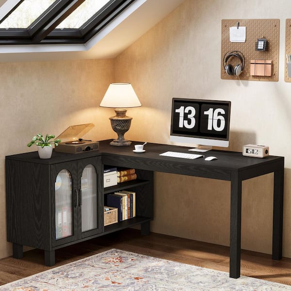 Halseey 59 in. L Shaped Black Wood Corner Computer Desk with Storage Shelves Cabinet Home Office Writing Working Study