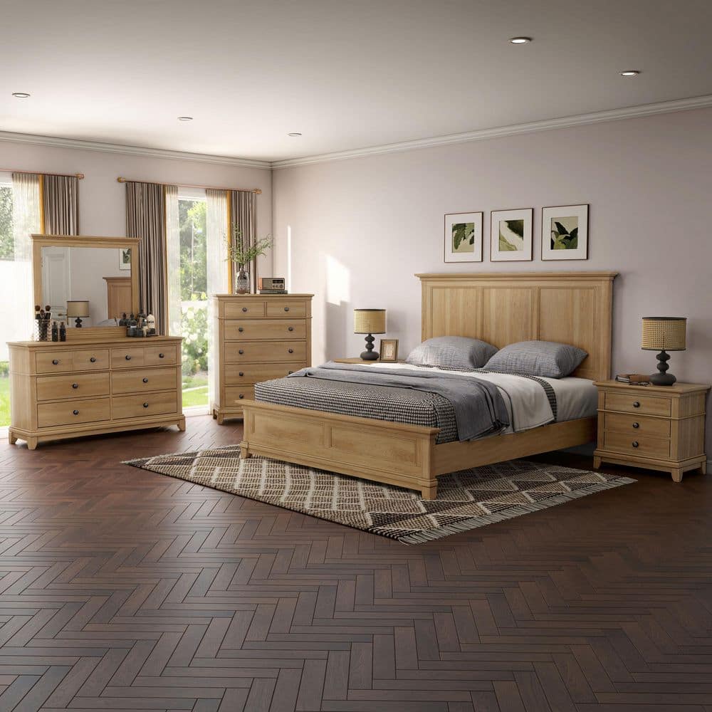 Natural Oak 2-Drawer Solid Wood Nightstand with Metal Knobs