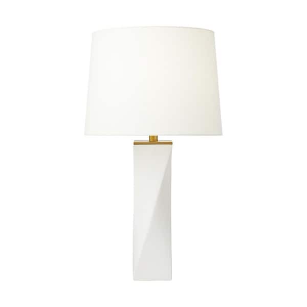 Generation Lighting - Lagos 16 in. W x 28.375 in. H White Leather 1-Light Dimmable Modern Table Lamp with White Linen Fabric Shade