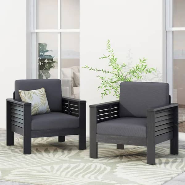 Sudzendf Dark Gray Acacia Wood Outdoor Dining Chair Club Chair with Dark Gray Cushions (2-Pack)