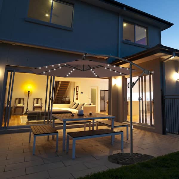 Gymax 10 ft. Metal Market Offset Hanging No Tilt Patio Umbrella with 32-Solar LED Lights in Tan