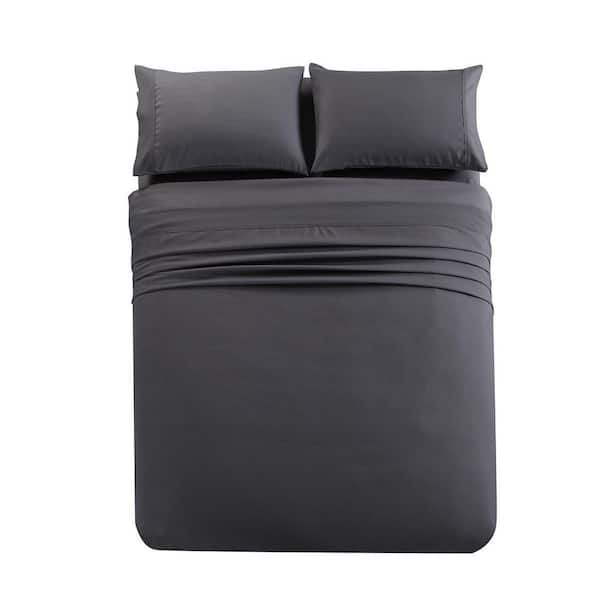 4 Pieces Bedding Set and Fitted Sheet Brushed Microfiber Duvet Cover with  Pillowcases Bed Sheet Soft Style - Dark Grey