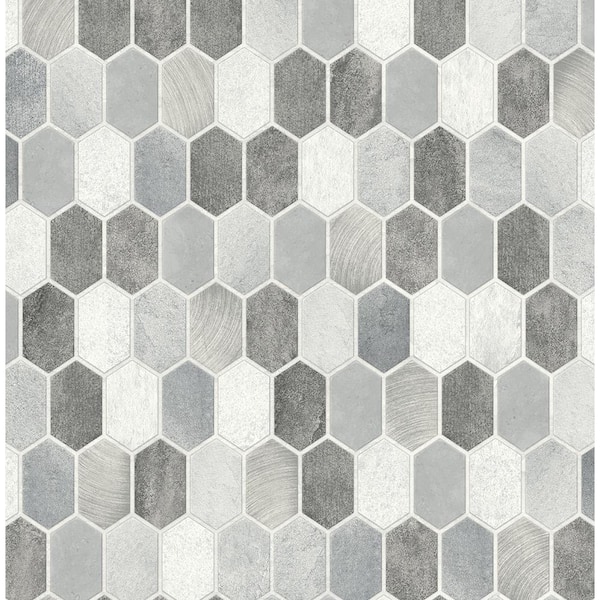 NextWall Faux Icy Grey and Nickel Brushed Hex Tile 20.5 in. x 18 ft. Peel and Stick Wallpaper