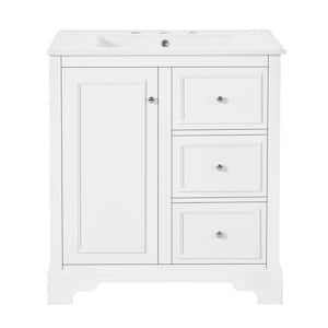 30 in. W Freestanding Bath Vanity in White with White ceramic basin Top, 3 drawers and adjustable shelves