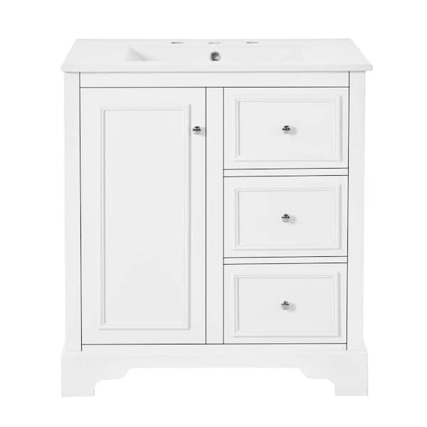 Lycvki 30 in. W Freestanding Bath Vanity in White with White ceramic basin Top, 3 drawers and adjustable shelves