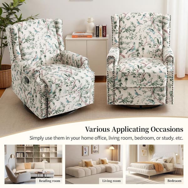 Uixe Bird Pattern Linen Swivel Upholstered Metal Base Manual