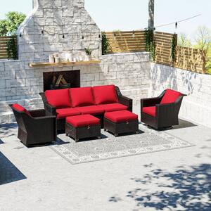 5-Piece Wicker Outdoor Patio Conversation Sectional Set With Red Cushions